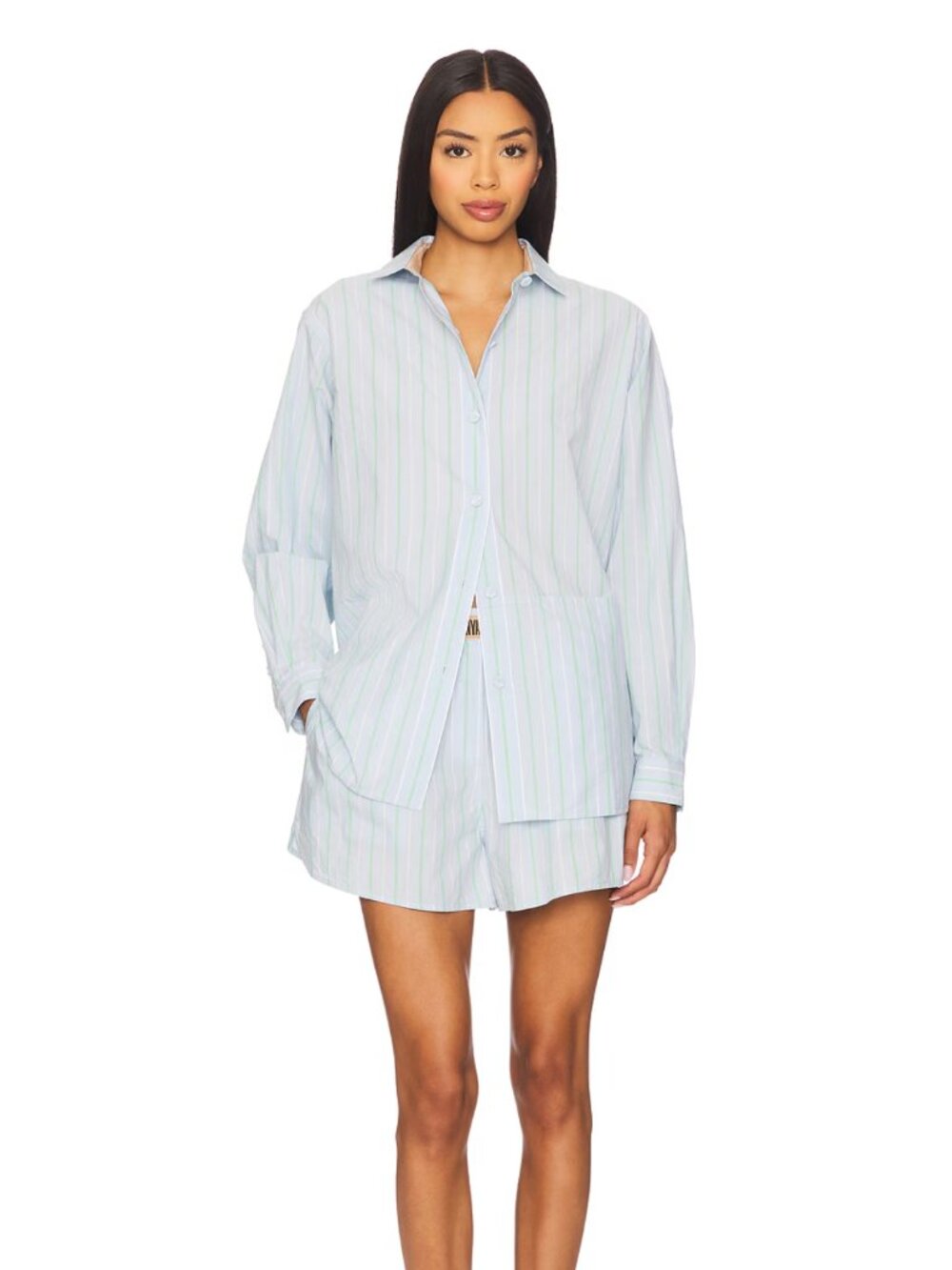NEW LUNYA Airy Long Sleeve Pajama Top in Azure Stripe Blue PJ Medium